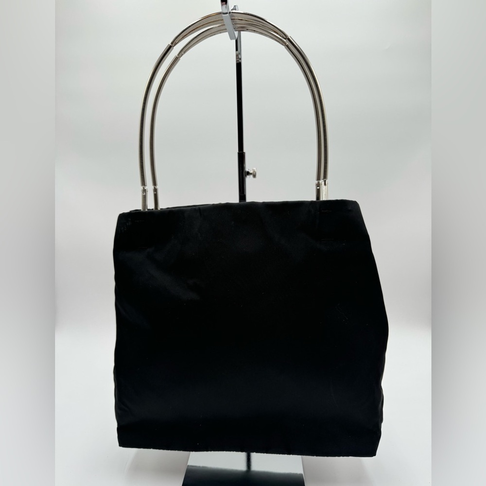 Prada - Authentic - Black Canvas & Leather Shoulder Bag with Metal Handles